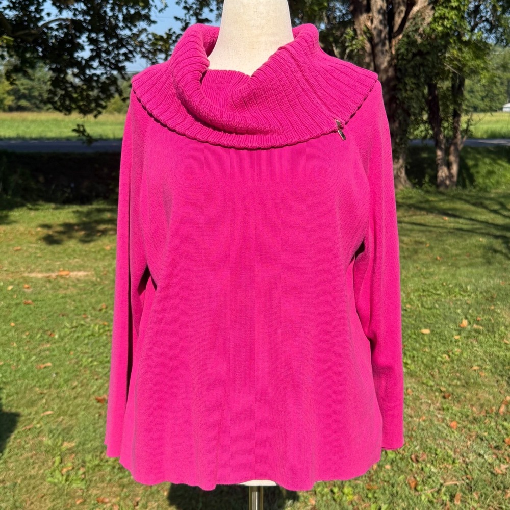 Diva by Dana Buchman Hot Pink Cowl Neck Zipper Cotton Sweater Womens 1X Y2K